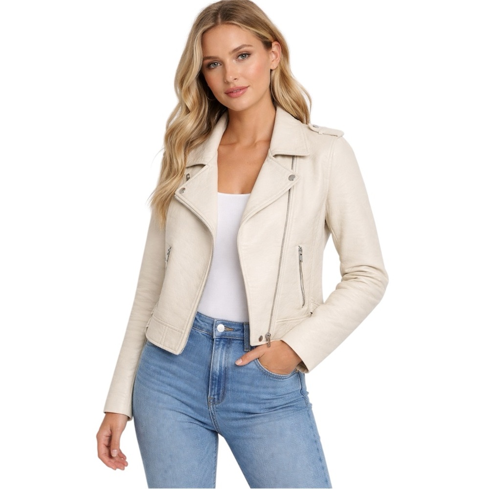 Urban Outfitters Silence + Noise White Faux Leather Moto Jacket Zip Front
